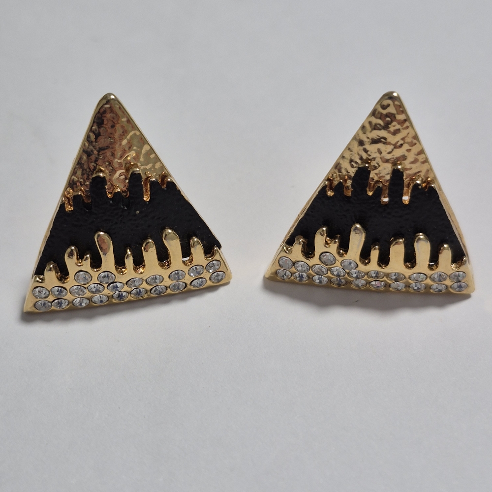 Black Matte Faux Leather, Gold-tone and Crystal Sparkly Triangle Clipon Earrings
